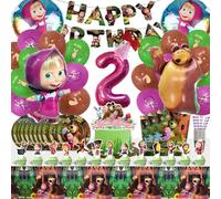 Forninc Masha Ballon Anniversaire 2 Ans, Set de Vaisselle Anniversaire Masha, Décoration Filles, 101 Pcs Set de Vaisselle, Pailles en Papier, Assiettes
