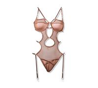 Forplay Caught Up O-Net Strappy Teddy Set Brown Ensemble de Lingerie, Marron, M Femme