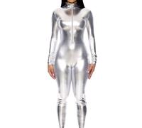 Forplay Combinaison métallique chaude avec fermeture éclair sur le devant et col montant pour femme - Costume d'Halloween pour adulte, Argenté, X-Small-Small