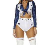 Forplay Women's Star Cheerleader Costume 4-Piece Halloween Outfit with Top, Vest, Panty and Belt, White, XS/S
