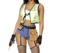 Forplay Women's Construction Worker Costume 6-Piece Halloween Outfit with Top, Panty, Vest, Belt, Gloves and Glasses, Yellow, S/M