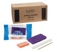 ForPro Kit pédicure 4 pièces, 100 pièces, emballé individuellement, tampon ponce violet, lime à ongles en bois blanc grain 80/100, mini tampon orange grain 80/100, bâton en bois