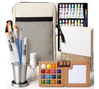 ForraFun Mini kit de peinture aquarelle portable 24 couleurs avec palette de peinture en bois à 15 compartiments, pinceaux, carnet de croquis, tasse à eau pliable, sac pour artistes débutants