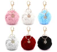 Forreen Porte-Clés Pompon, 6 Pièces Pom Pom Porte-Clés Doux Artificielle Fourrure de Lapin Duveteux Élégant Trousseau de Clés avec Breloques Pendentif Flocon pour Filles Femmes Sacs Accessoires