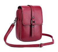 FORRICA Sac à Bandoulièr Téléphone Femmes Cuir Véritable Bandoulière Pochette Sac Messenger Petit Sac à Main Portefeuille avec Prise Casque Rouge