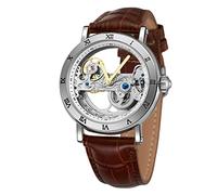 FORSINING Fahionable Montre Squelette mécanique à remontage Automatique avec Bracelet en Cuir pour Homme, Argent et Marron.