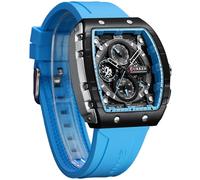 FORSINING Hommes élégants chronographe/chronomètre Tonneau Quartz Montre de Sport avec Affichage de la Date, Bracelet en Silicone imperméable en Forme de Baril, Bleu Clair