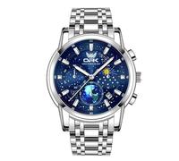 FORSINING Montre à quartz analogique pour homme 20 mm en acier inoxydable Phase de lune Ciel étoilé Grand cadran Design tendance Montre lumineuse pour homme, bleu, Bracelet