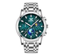 FORSINING Montre à quartz analogique pour homme 20 mm en acier inoxydable Phase de lune Ciel étoilé Grand cadran Design tendance Montre lumineuse pour homme, Vert, Bracelet