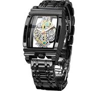 FORSINING Montre à quartz de luxe pour homme - Style rétro - Motif sculpté - Rectangle - Grand cadran - Ceinture en cuir et bracelet en acier inoxydable - Pas de montres mécaniques, noir