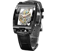 FORSINING Montre à quartz de luxe pour homme - Style rétro - Motif sculpté - Rectangle - Grand cadran - Ceinture en cuir et bracelet en acier inoxydable - Pas de montres mécaniques, noir.