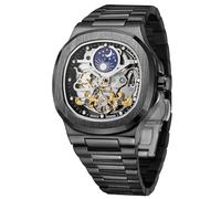 FORSINING Montre analogique de luxe pour homme avec cadran squelette soleil et lune avec bracelet en acier inoxydable, noir, Classique