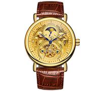 FORSINING Montre analogique originale pour homme - Vintage AM/PM - Soleil et lune - Cadran squelette - Bracelet en cuir - Doré
