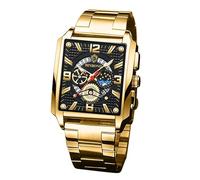 FORSINING Montre analogique Qaurtz pour homme - Étanche - Rectangulaire - Squelette - Date - En acier inoxydable - Phase de lune, doré, Bracelet