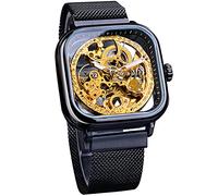 FORSINING Montre automatique mécanique dorée pour homme avec cadran transparent en acier inoxydable et mouvement floral royal sculpté, Noir 1, GMT1148-2NEW