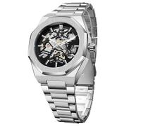FORSINING Montre automatique, montre mécanique pour homme, octogonale, étanche, à la mode, montres squelette uniques, bracelet en acier inoxydable argenté de luxe