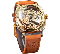FORSINING Montre-bracelet pour homme, classique et élégante, à remontage automatique, cadran carré mécanique à squelette, en cuir, lumineux, étanche, Golden 1, Sangle