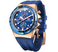 FORSINING Montre chronographe de sport étanche pour homme - Montre à quartz analogique avec affichage de la date et bracelet en silicone - Horloge d'extérieur Reloj para Hombre, Bleu-or