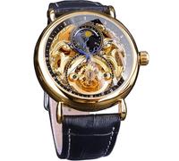 FORSINING Montre de luxe pour homme avec phase de lune et tourbillon, squelette rétro creux à remontage automatique, bracelet en cuir, mouvement automatique, Or noir, Mécanique