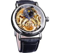 FORSINING Montre de luxe pour homme avec phases de lune et tourbillon, squelette rétro à remontage automatique, bracelet mécanique en cuir, mouvement automatique, noir/argenté