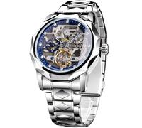 FORSINING Montre de luxe pour homme avec tourbillon squelette creux doré et noir, dodécagon, échelle de diamant, montre mécanique à remontage automatique, bracelet en acier inoxydable, Bleu argenté,