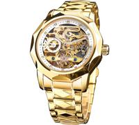 FORSINING Montre de luxe pour homme avec tourbillon squelette creux doré et noir, dodécagon, échelle de diamant, montre mécanique à remontage automatique, bracelet en acier inoxydable, Doré/blanc,