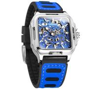FORSINING Montre de poignet squelette automatique pour hommes, étanche, style steampunk, à remontage manuel, bracelet en silicone lumineux, cadran carré, 3 Bleu, Moderne