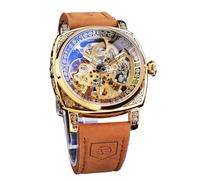 FORSINING Montre Homme Mécanique Automatique Carrée Squelette Dorée, Bracelet en Cuir Vintage Style Rétro, Étanche, Montre Bracelet Classique pour Homme (Gold)