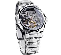 FORSINING Montre mécanique automatique squelette pour homme avec lunette à 12 faces taillées en diamant, engrenages apparents et tourbillon, bracelet unique en acier inoxydable à remontage