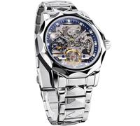 FORSINING Montre mécanique automatique squelette pour homme avec lunette à 12 faces taillées en diamant, engrenages apparents et tourbillon, bracelet unique en acier inoxydable à remontage