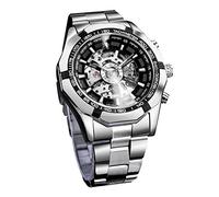 FORSINING Montre mécanique pour homme avec cadran bleu squelette en acier inoxydable étanche à remontage manuel Montre de sport lumineuse pour homme, noir/argenté, Bracelet