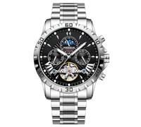 FORSINING Montre pour homme automatique Tourbillon à remontage manuel, bracelet en acier inoxydable, phases de lune, montre mécanique, affichage analogique de la date, Noir , Bracelet