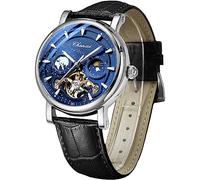 FORSINING Montre pour homme - Ciel étoilé lumineux avec tourbillon de phase de lune - Montre mécanique à remontage automatique - Boîtier en acier inoxydable - Bracelet en cuir, Bleu argenté