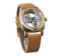 FORSINING Montre pour homme, tendance, classique, squelette carrée, cadran transparent, automatique, mécanique, bracelet en cuir, lumineux, étanche, doré, Sangle
