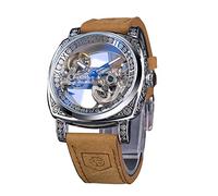 FORSINING Montre pour homme, tendance, classique, squelette carrée, cadran transparent, automatique, mécanique, bracelet en cuir, lumineux, étanche, Argenté., Sangle