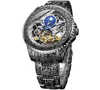 FORSINING Montre rétro pour homme sculptée à remontage automatique mécanique tatouage tourbillon phase de lune secondes indépendantes squelette automatique grand cadran montres-bracelets, Argenté