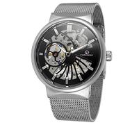 FORSINING Montre squelette à remontage manuel ultra fin en acier inoxydable pour homme, 05-Noir et Argent, Montre squelette, mécanique