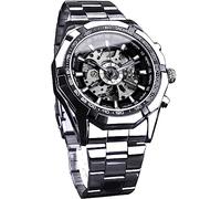 FORSINING Montre squelette automatique pour homme - Montre de luxe mécanique à remontage automatique - Bracelet en acier inoxydable bleu noir - Étanche, noir/argent, Moderne