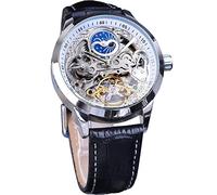 FORSINING Montre squelette pour homme avec phases de la lune mécanique à remontage automatique Tourbillon double fuseau horaire Bracelet en cuir de luxe Grand cadran, blanc