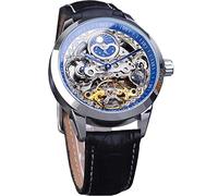 FORSINING Montre squelette pour homme avec phases de la lune mécanique à remontage automatique Tourbillon double fuseau horaire Bracelet en cuir de luxe Grand cadran, bleu
