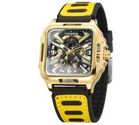 FORSINING Montre squelette rétro carrée en acier inoxydable pour homme avec bracelet en silicone, doré