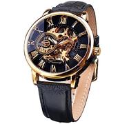 FORSINING Montre squelette steampunk pour homme - Montre mécanique noire minimaliste - Design rétro - Montre-bracelet squelette mécanique transparente, Bande noire, 1 Count (Pack of 1), Mécanique