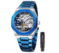 FORSINING Montre vintage pour homme gravée à remontage automatique - Grand cadran lumineux - Phase de lune dorée - Motif tatouage creux, bleu 2