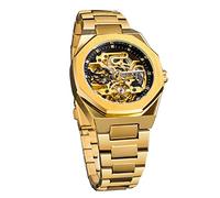 FORSINING Montre vintage pour homme gravée automatique à remontage automatique - Grand cadran - Phase de lune lumineuse - Motif tatouage creux doré - Montre mécanique dorée