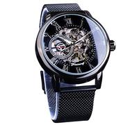 Forsining Montres automatiques pour homme - Squelette mécanique - Montre militaire - Tendance - Business - Grand cadran - Bracelet fin en acier inoxydable, Noir , Bracelet