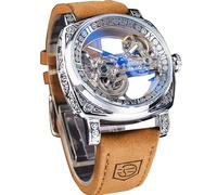 FORSINING Montres pour humains, montre mécanique rétro carrée auto-rechargeable sculptée, montre automatique squelette vintage avec bracelet en cuir, dorée, rétro