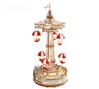 FORSMANO Puzzle 3D en bois Boîte à musique Parachute Tower, avec 184 pièces de puzzle, carrousel DIY avec lumière & mélodie, déco rétro, pour enfants & adultes