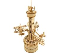 FORSMANO Tour d'avion en bois en 3D avec boîte à musique, avec 255 pièces de puzzle, puzzle mécanique DIY pour les jeunes, pour les passionnés d'aviation