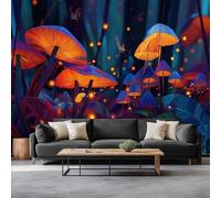Fort Fantastique Champignons Lucioles Murale Photo Papier Peint 300 x 210 cm Intissé Tableaux Poster Mural Tapisserie, Bleu Papier Peint Panoramique Salon Maison Appartement Décorative Tenture