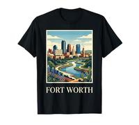 Fort Worth Texas Skyline River Art rétro Vintage T-Shirt